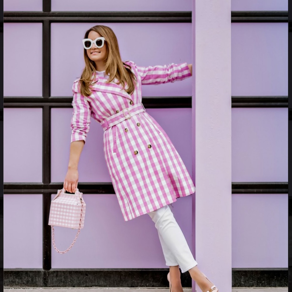 Jcrew Pink white Plaid Trench Coat size 0P petite double breasted